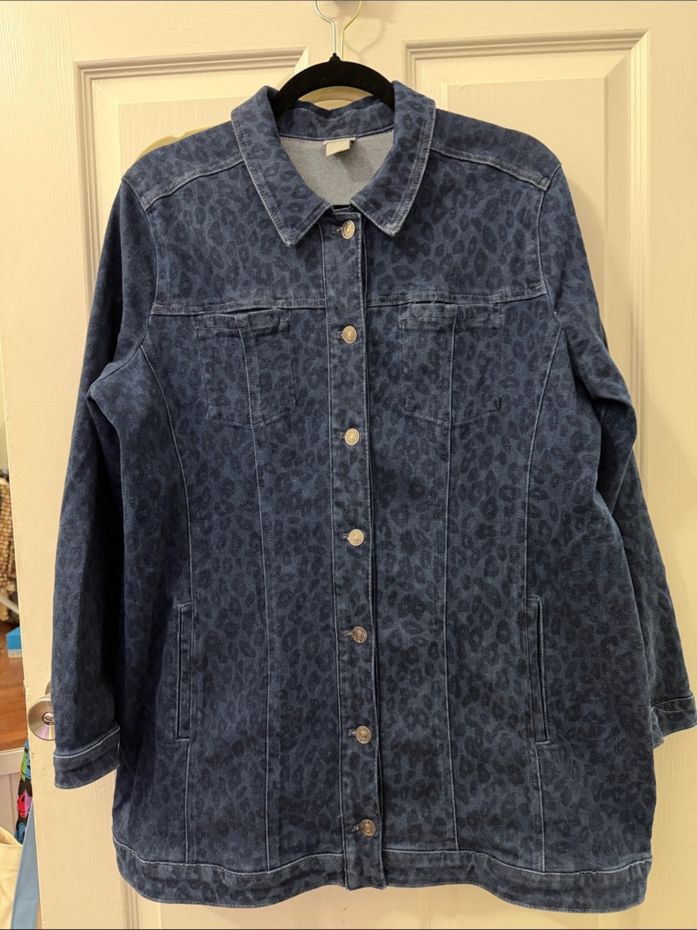 Chico's Dark Blue Leopard-Print Denim Jacket